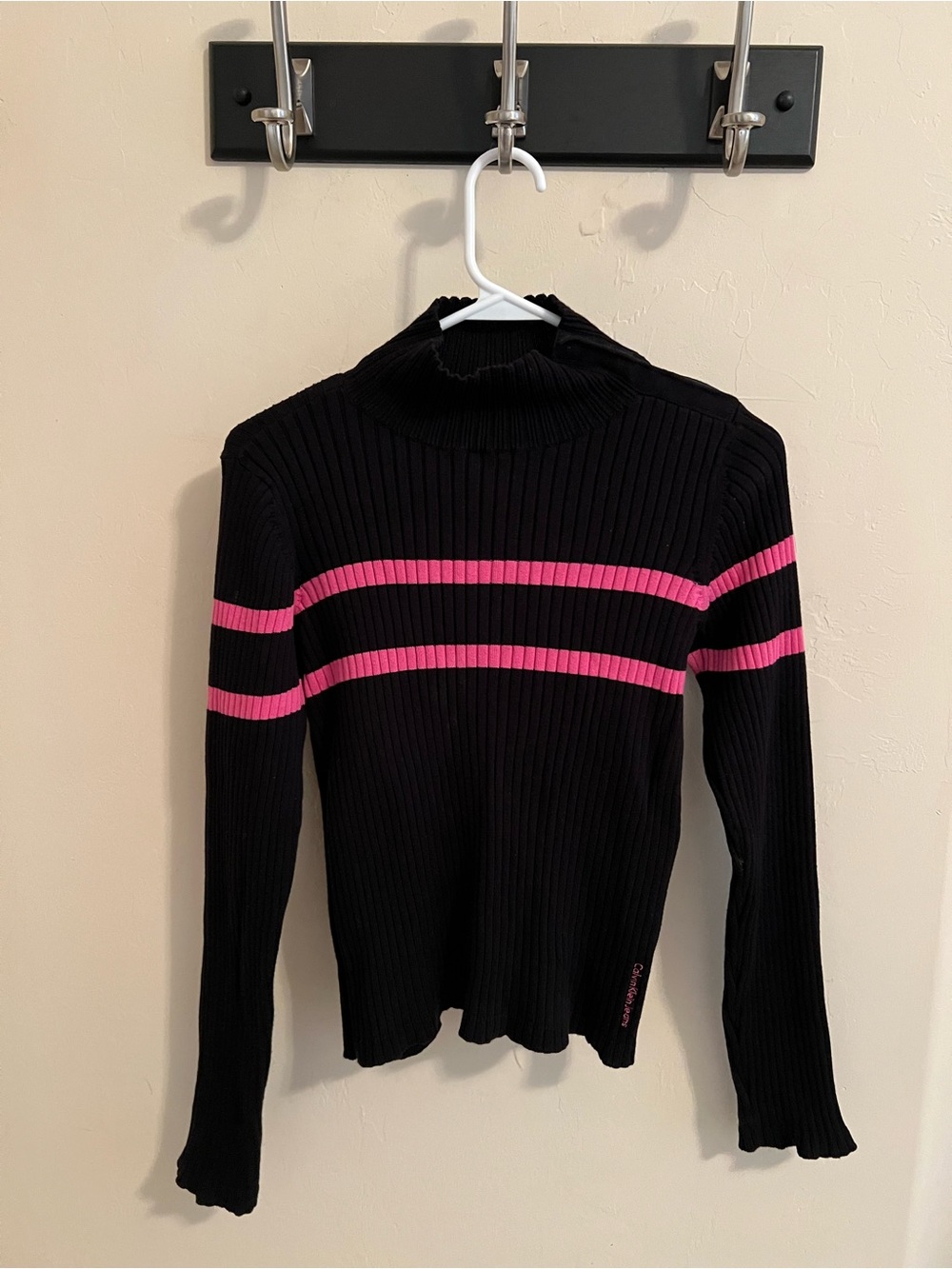 Calvin Kline Black Ribbed Turtleneck Sweater with Pink Stripes
